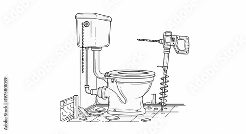 Toilet removal and demolition project with drill and debris