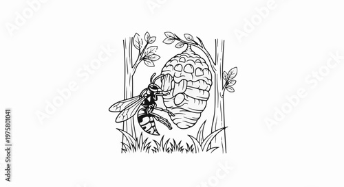 Wasp building a nest on a tree branch in a grassy area