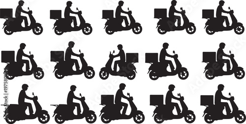 Silhouette of delivery riders on motorcycles with boxes