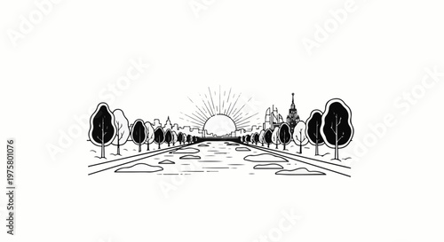 Stylized sunburst over a tree-lined avenue leading to a city skyline