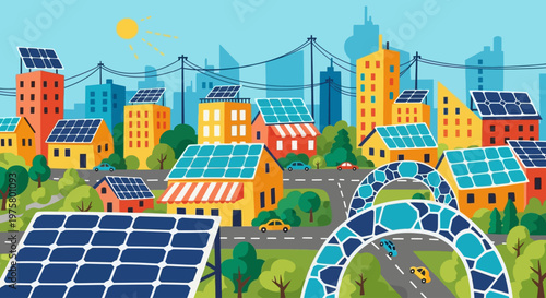 Sustainable city with solar panels and green infrastructure