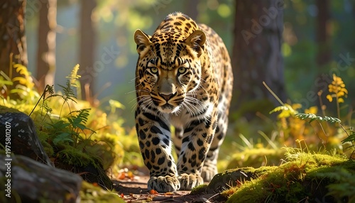A large cat with distinctive fur patterns crouches low, moving through a sunlit forest