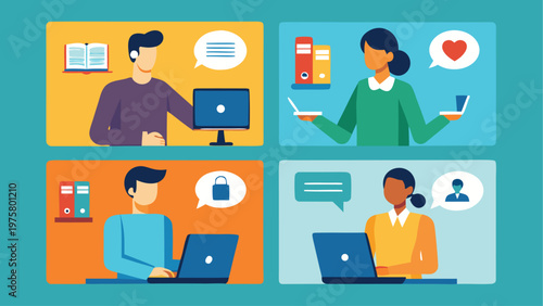 Remote team, online collaboration, communication icons, people working