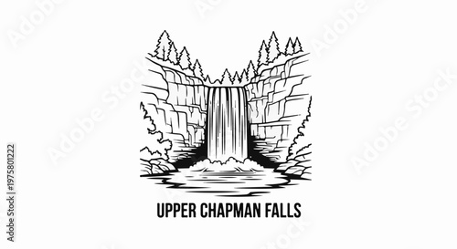 Illustration of a towering waterfall cascading over rocky cliffs, surrounded by trees