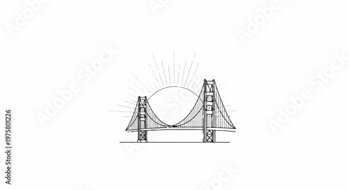 Sketch of iconic suspension bridge with sunburst rays behind the span