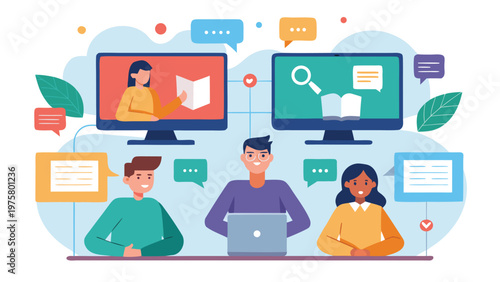 Team collaboration, online communication, people icons, flat design, business vector