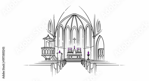 Interior view of a church with altar, pews, pulpit, and stained glass windows