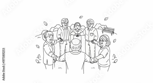 Elderly people holding hands in a circle in a park, surrounded by autumn leaves