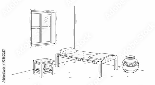 Simple room interior with a bed, stool, window, and decorative pot