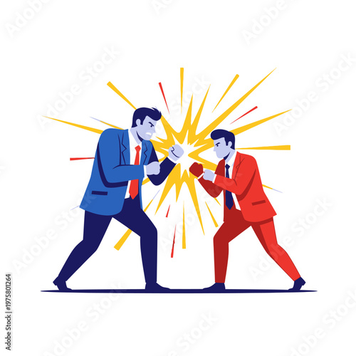 Businessmen boxing match, competition, conflict, rivalries, opposing forces, graphic illustration