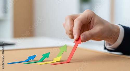 Hand arranging upward-pointing arrows on a desk, symbolizing business growth, strategic planning, and positive financial trends towards successful development and achievement