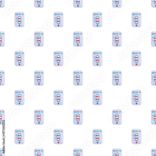 Covid 19 rapid antigen tests repeating in a seamless pattern on a white background