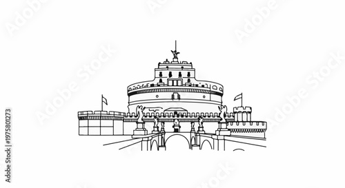 Line art of a cylindrical fortress with crenellated battlements and flanking towers