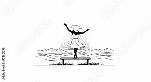 Silhouette of a woman in a dress and hat, arms raised, on a bench