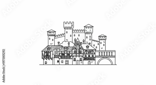A line art illustration of a medieval village with a castle and bridge
