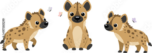 Vector illustration of three cartoon hyenas with butterflies in playful and friendly style
