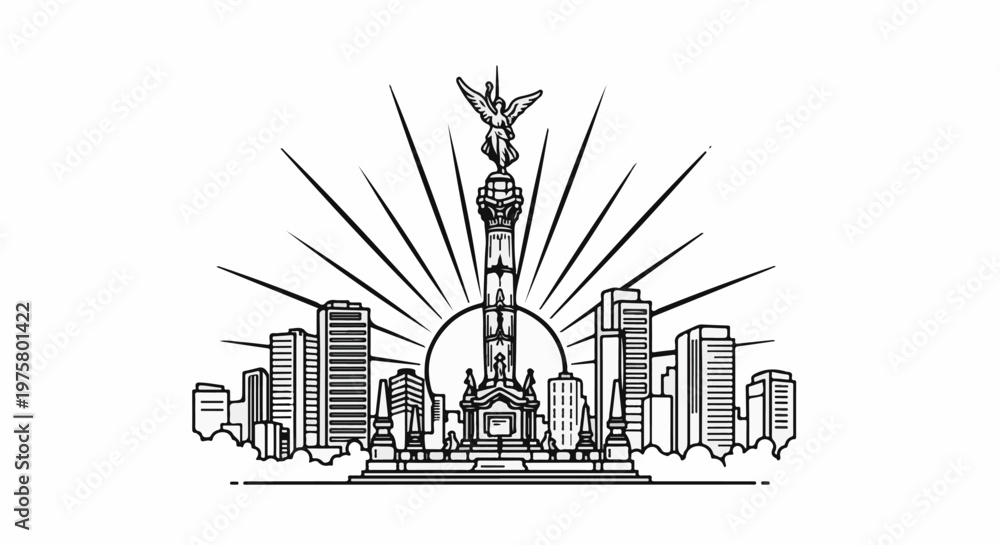 Obraz premium Monumental angel atop column, framed by city skyline under radiant sunburst