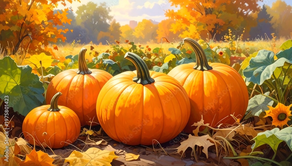 Naklejka premium A vibrant autumn scene featuring a group of pumpkins in a lush field