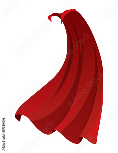 Superhero red cape in side view. Scarlet fabric silk cloak. Mantle costume or cover cartoon vector illustration