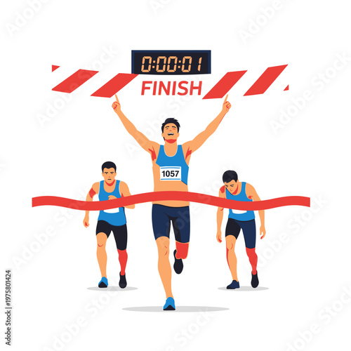 Marathon runner crossing finish line, winner celebrating, competitive race, victory, achievement