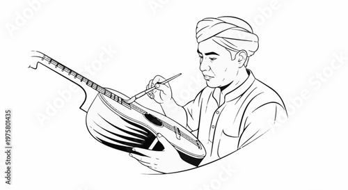 Man in turban painting a stringed instrument with a brush
