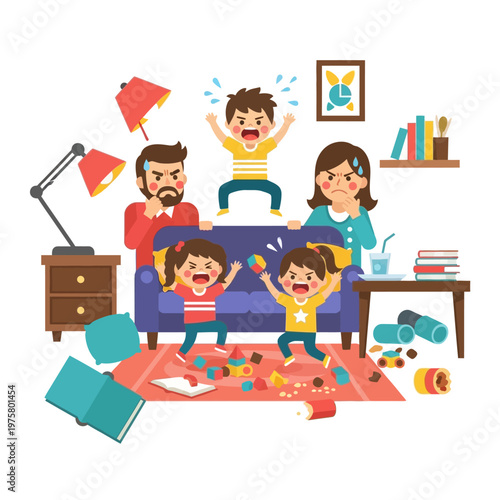 Chaotic Family Scene: Stressed Parents and Upset Children in Messy Living Room