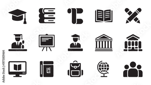 A set of black and white silhouette icons representing education and school objects