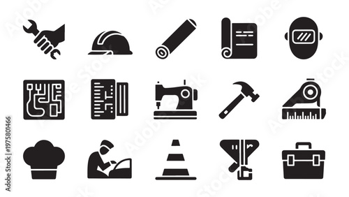 A collection of black silhouette icons representing various skilled trades and industrial tools