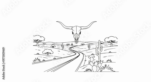 Desert highway leads to vast arid landscape with cactus and bull skull