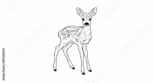 Line art of a young deer with spots and large ears, standing