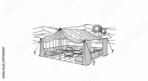 Desert oasis tent with comfortable seating and palm trees in background