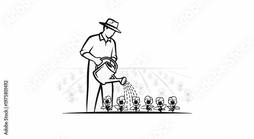 Gardener watering pansies in a field with more flowers in background