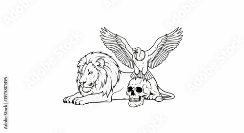 Line art of a lion with an eagle perched on a skull