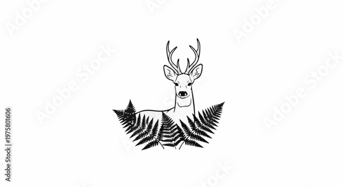 Outline of a deer with antlers peeking from behind ferns