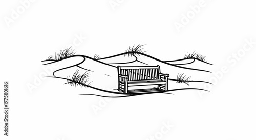 A solitary wooden bench rests amidst windswept sand dunes and sparse grass