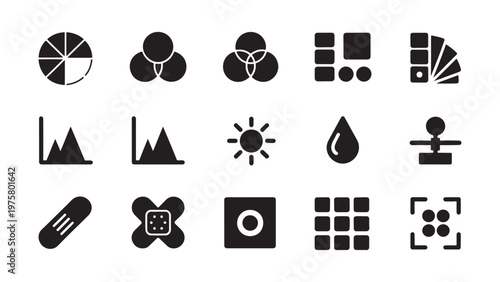 A collection of black silhouette icons representing graphic design and data visualization tools