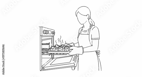 Person in apron removes baked goods from an open oven
