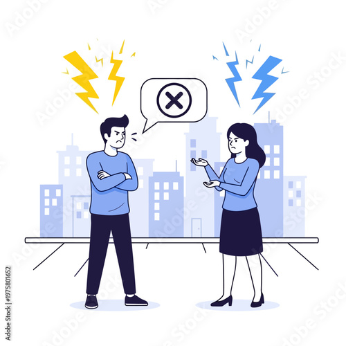 Couple arguing with lightning bolts and cross symbol in speech bubble