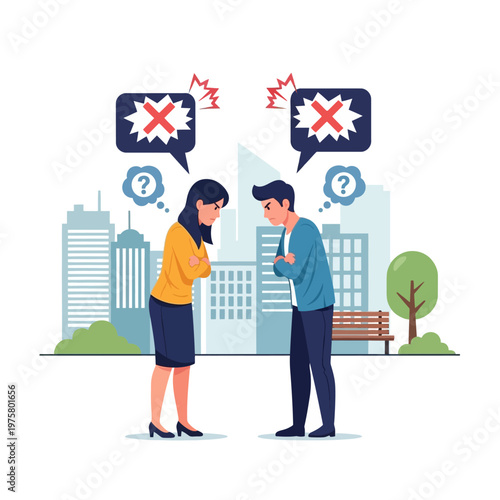 Couple arguing with crossed out speech bubbles over city background, flat design illustration
