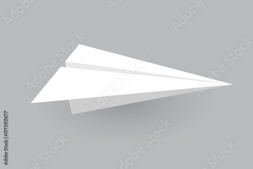 Paper plane model. Origami handmade aircraft view. Vector white paper airplane with shadow, isolated on gray background