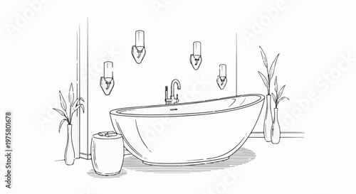 Sketch of a modern bathtub with plants and wall sconces