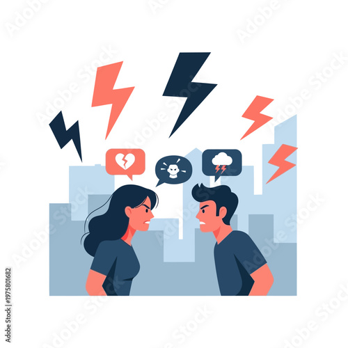 Couple arguing, conflict, relationship problems, communication breakdown, anger, stress, city background