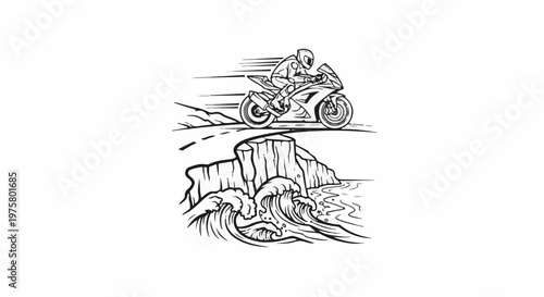 Speeding motorcyclist races along a coastal cliff overlooking crashing ocean waves