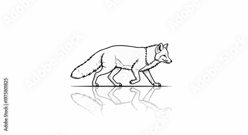 Black and white line art of a fox walking with a reflection