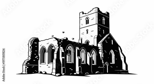 Black and white illustration of a crumbling ancient stone church ruin