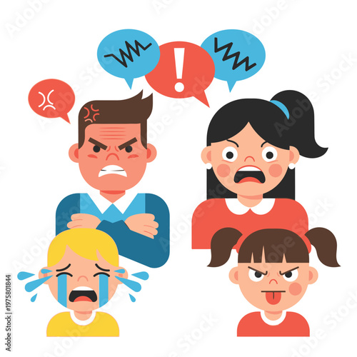 Family Conflict: Angry Parents Arguing While Children Cry and Sulk