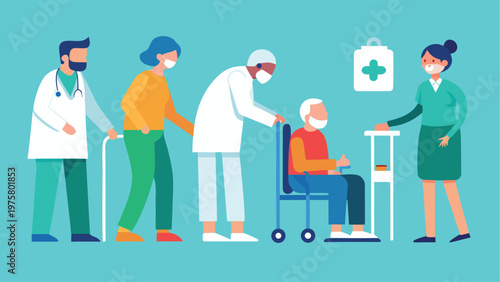 Medical team, healthcare professionals, assisting patient, wheelchair, hospital