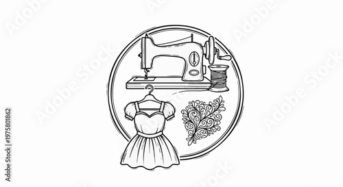 Vintage sewing machine, dress on hanger, thread spool, and decorative flourish