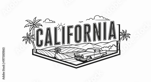 Vintage car drives through California's sunny landscape with palm trees