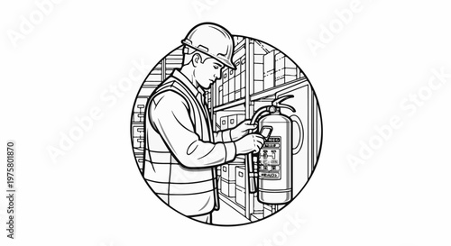 Warehouse worker inspecting a fire extinguisher near stacked boxes